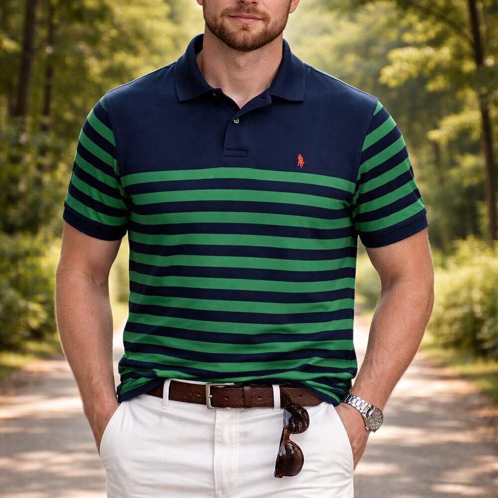 US Polo Assn Shirt Mens M Blue/Green Striped Cotton Collared Embroidered Logo